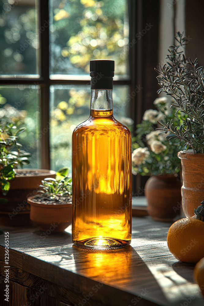 Sunlit amber bottle on wooden table surrounded by potted plants and citrus fruits Sunlit amber bottle on wooden table surrounded by potted plants and citrus fruits