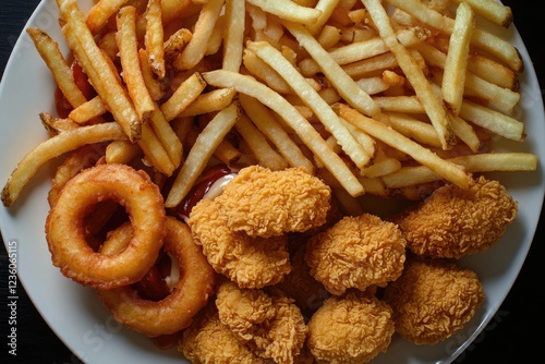A white plate filled with crispy fried foods and French fries, perfect for snacks or meals