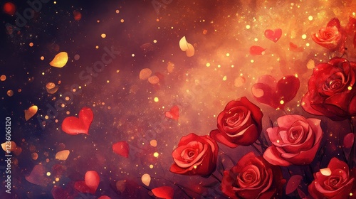 Elegant watercolor background featuring a cascade of deep red roses with delicate petals, golden sparkles, and a soft romantic glow, perfect for Valentine Day. 