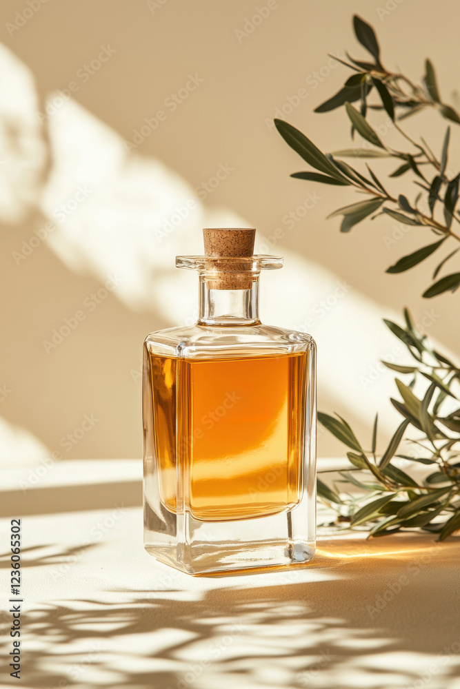 Elegant glass bottle with cork cap and amber liquid on sunlit surface with olive branches Elegant glass bottle with cork cap and amber liquid on sunlit surface with olive branches