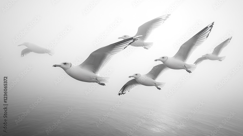 Obraz premium Seagulls flying in formation across a foggy sky. Generative AI