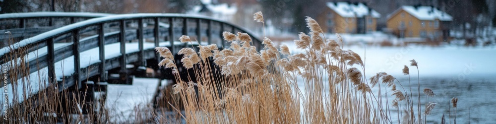 Fototapeta premium A serene image of a bridge spanning a body of water, surrounded by tall grass