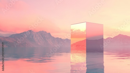 A soft analog-inspired Mediterranean sunset, pastel tones and mountains in the distance, with a hyperrealistic reflective cube.