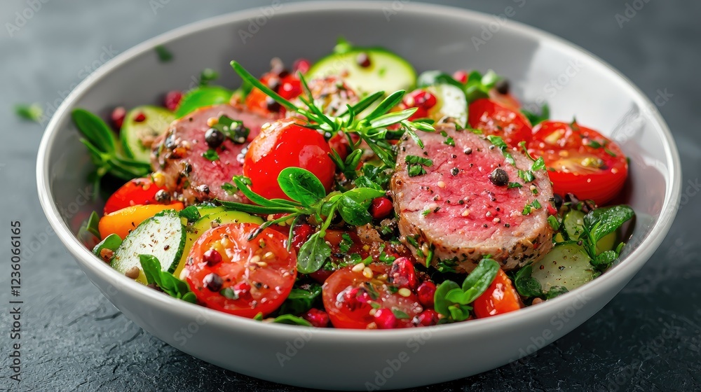 Grilled beef salad with tomatoes, cucumbers, and herbs Grilled beef salad with tomatoes, cucumbers, and herbs