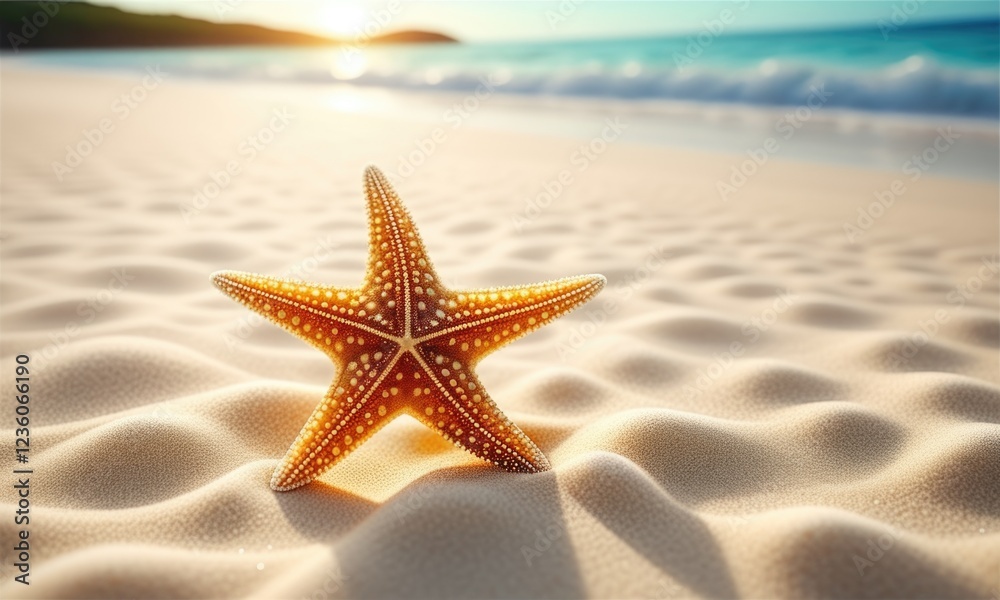 Sunlit starfish on sandy beach at sunrise Sunlit starfish on sandy beach at sunrise