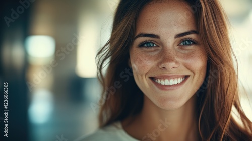 Wallpaper Mural Smiling woman, indoor portrait, blurred background, headshot, website Torontodigital.ca
