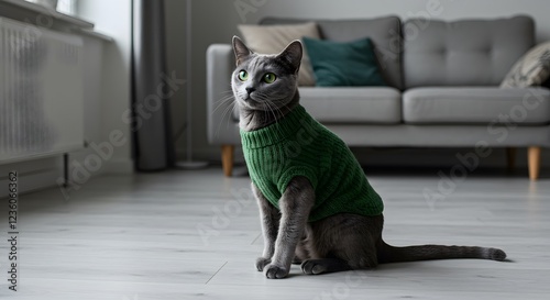 Adorable Gray Cat in Green Sweater Indoor Pet Photo