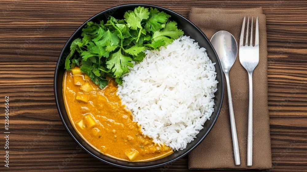 Famous Food of Indonesia concept. A delicious bowl of curry with rice and fresh herbs on a wooden table. Famous Food of Indonesia concept. A delicious bowl of curry with rice and fresh herbs on a wooden table.