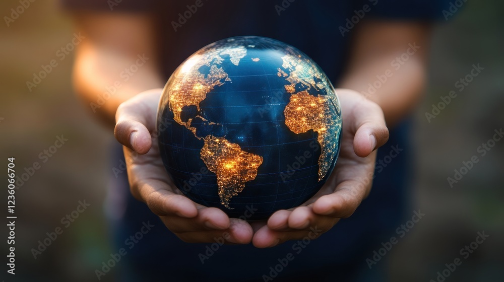 Fototapeta premium Child's hands hold glowing Earth, sunset background, global care concept