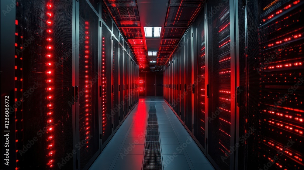 Fototapeta premium Red-lit server room corridor; data center infrastructure