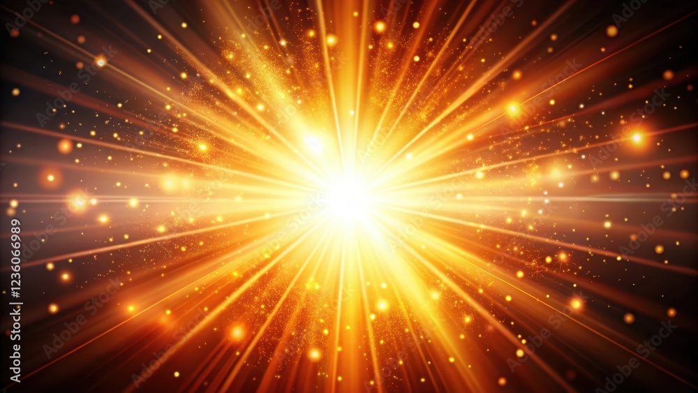 Naklejka premium Vibrant abstract orange light burst with peach and golden sparkling rays on dark background, orange, celestial, orange