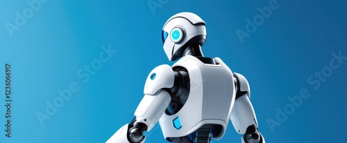 Futuristic robot facing forward against blue background