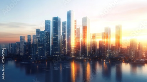 A futuristic cityscape at sunrise, with skyscrapers and buildings made of transparent glass reflecting the golden light of dawn. 