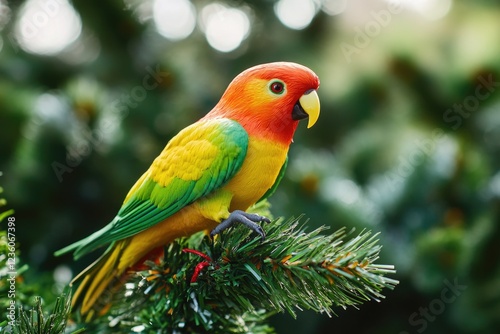 A colorful bird perched on the top of a pine tree, great for wildlife or nature themed images