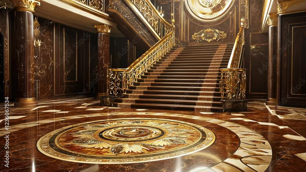 Luxurious interior with ornate staircase and detailed marble flooring in an opulent mansion Luxurious interior with ornate staircase and detailed marble flooring in an opulent mansion