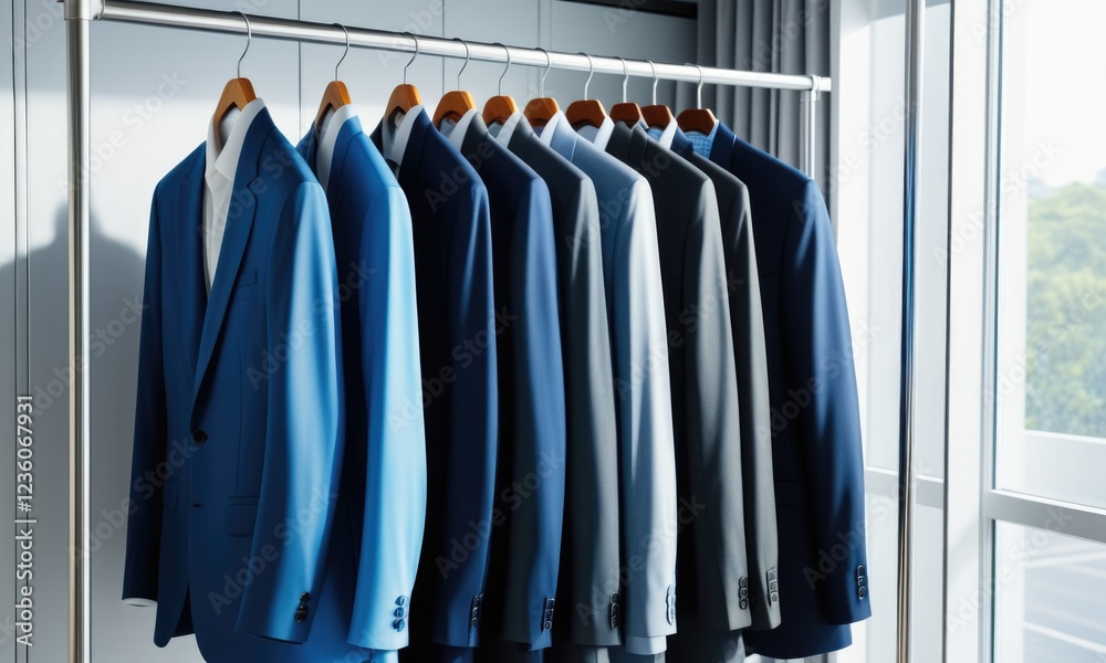 Colorful business suits on rack by window in bright modern room Colorful business suits on rack by window in bright modern room