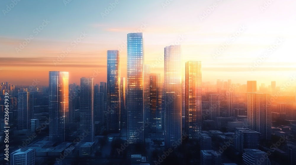 Fototapeta premium A futuristic cityscape at sunrise, with skyscrapers and buildings made of transparent glass reflecting the golden light of dawn. 