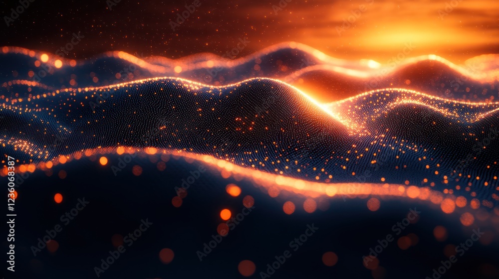 Sunset over glowing particle landscape Sunset over glowing particle landscape