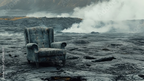A lone armchair on a barren volcanic landscape, with steam rising from cracks in the ground 