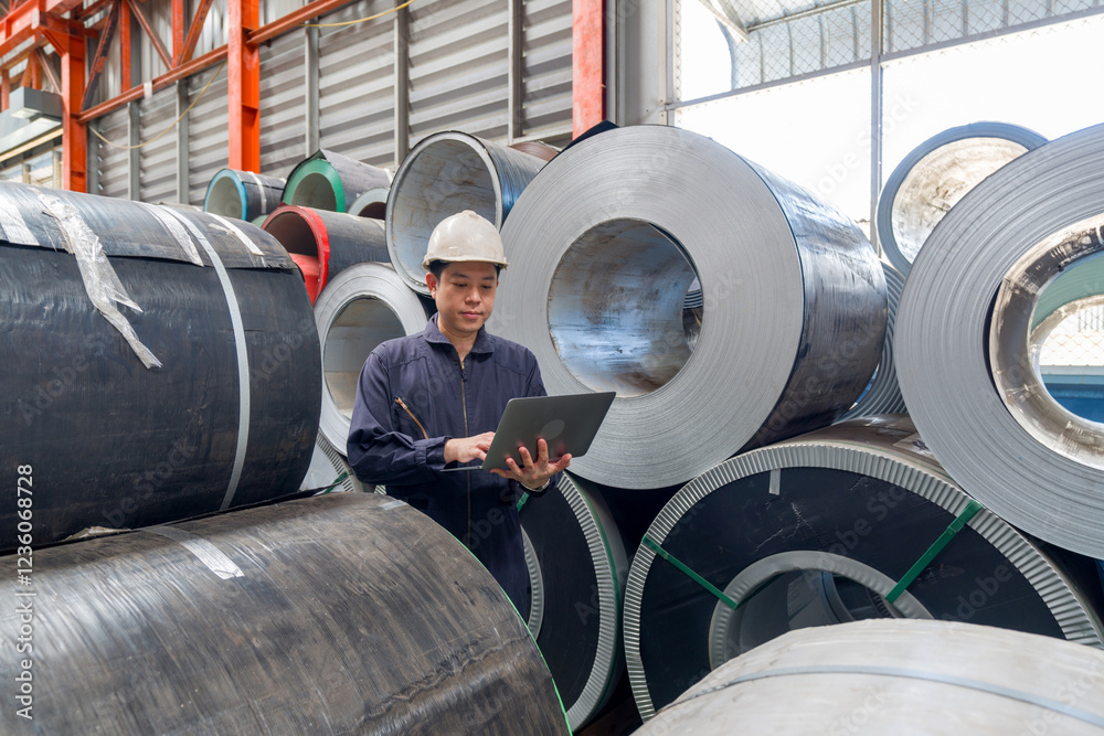 A man in a hardhat and mechanic coverall dust protection suit checks laptop computer within the metal sheet factory. Steel sheet roll stack are in the working area.