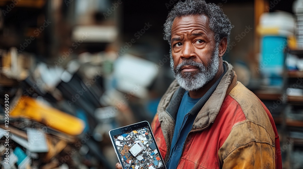 Portrait of a recycling worker holding a broken tablet, with e-waste background, determined expression Portrait of a recycling worker holding a broken tablet, with e-waste background, determined expression