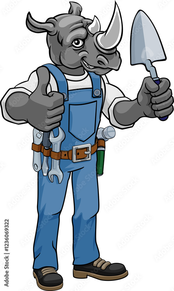 Obraz premium Rhino Bricklayer Builder Holding Trowel Tool