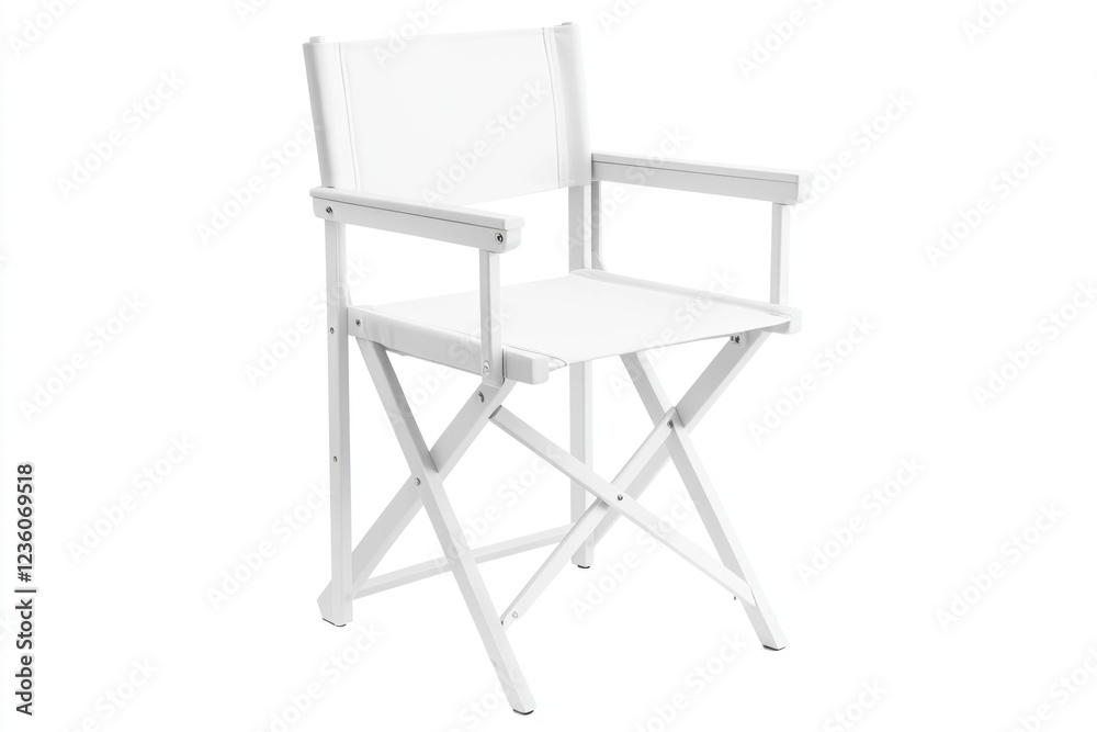 A single white director's chair on a clean white background, perfect for filming or photography projects A single white director's chair on a clean white background, perfect for filming or photography projects