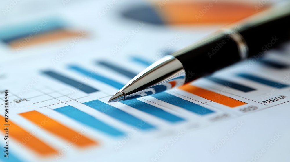 Pen on financial charts, office desk, analysis Pen on financial charts, office desk, analysis