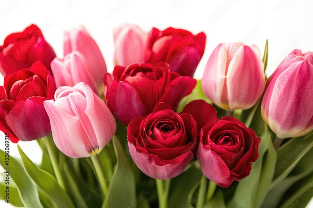Fototapeta premium A decorative vase filled with bright red and pink flowers