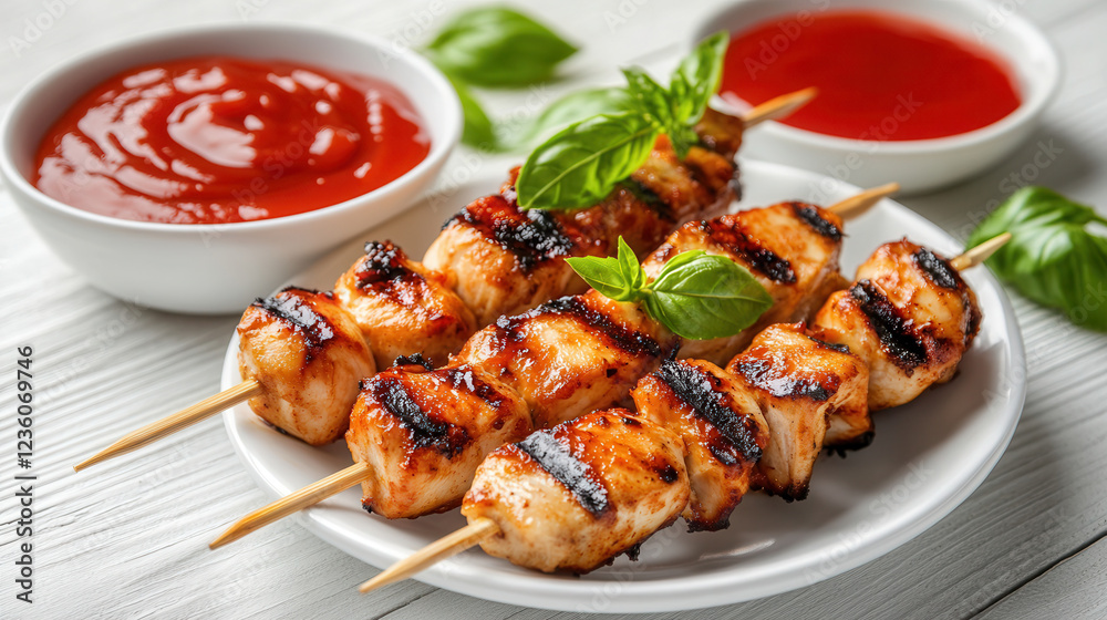 Meat skewers. Delicious barbecue chicken skewers served with ketchup and fresh basil on a white wooden table for a summer feast. Shish kebab. Satay. Meat skewers. Delicious barbecue chicken skewers served with ketchup and fresh basil on a white wooden table for a summer feast. Shish kebab. Satay.