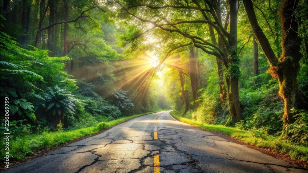 Fototapeta premium A sun-drenched winding road through a verdant forest, illuminated by golden rays of light streaming through the dense canopy
