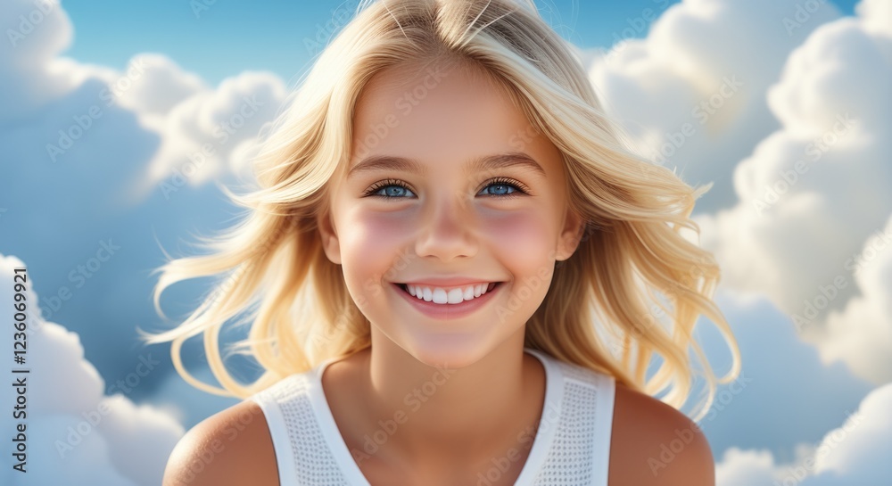 Joyful child smiling amidst fluffy clouds under a blue sky Joyful child smiling amidst fluffy clouds under a blue sky