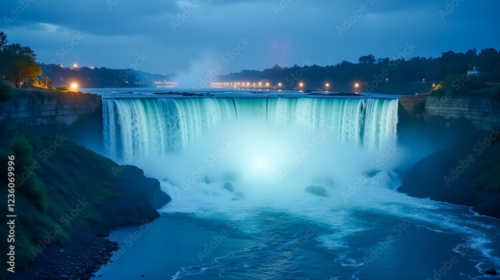 Towering waterfall generating clean energy as it cascades into a glowing hydroelectric dam, with the water appearing to hum with power, symbolizing sustainability and renewable technology Towering waterfall generating clean energy as it cascades into a glowing hydroelectric dam, with the water appearing to hum with power, symbolizing sustainability and renewable technology