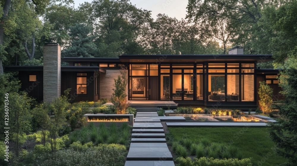 Modern Minimalist House Exterior at Dusk with Landscaped Garden Modern Minimalist House Exterior at Dusk with Landscaped Garden