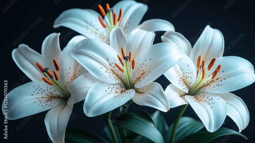 Fototapeta premium White lilies bouquet, dark background, studio shot, floral design