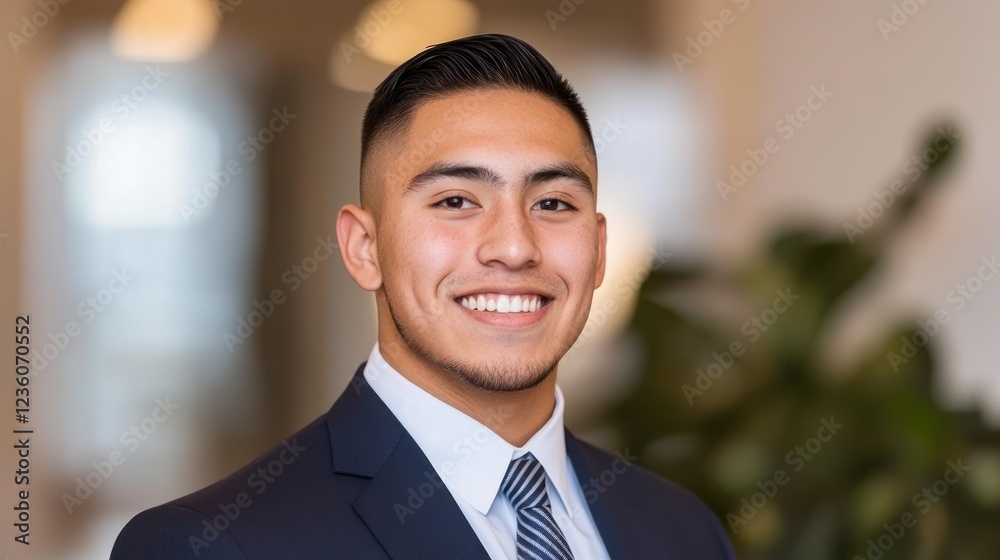 Smiling businessman headshot, office lobby, plants blurred background, professional portrait Smiling businessman headshot, office lobby, plants blurred background, professional portrait