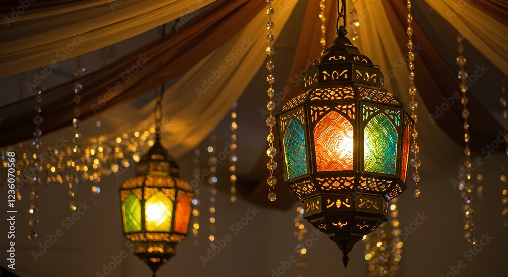 Fototapeta premium Elegant Ramadan Lantern with Warm Glow – Perfect for Gift Cards, Backgrounds, Islamic Decorations, and Festive Designs