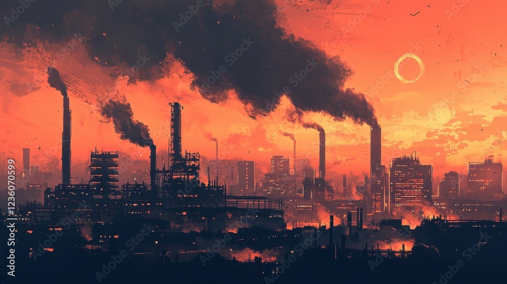Obraz premium Billowing smoke rises from tall factory chimneys against a vibrant orange and red sunset. Dark silhouettes of buildings fill the foreground, creating a stark contrast
