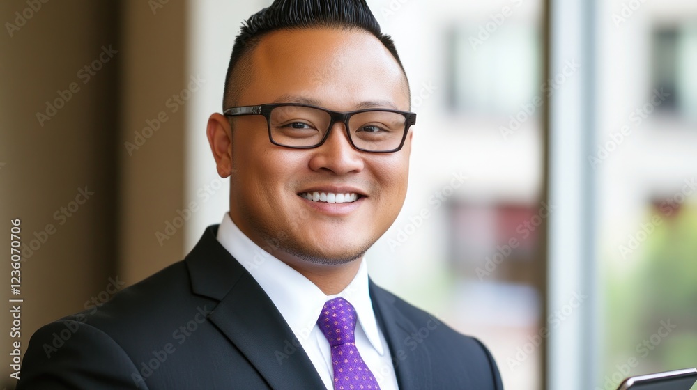 Smiling businessman office portrait, phone, city view Smiling businessman office portrait, phone, city view