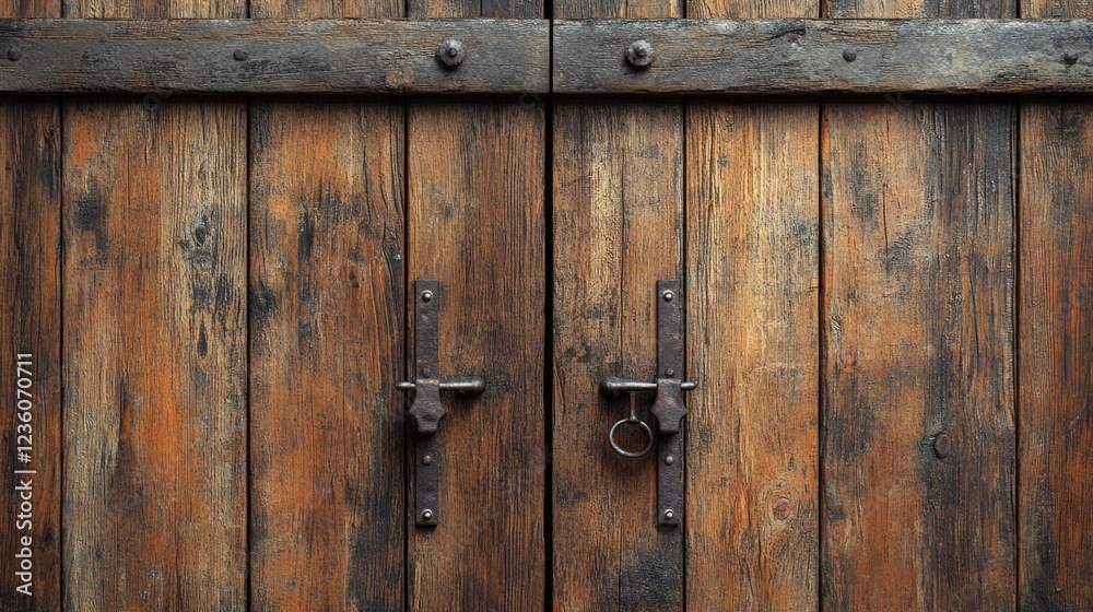A close-up of a wooden door featuring two latches, perfect for illustrations and designs A close-up of a wooden door featuring two latches, perfect for illustrations and designs