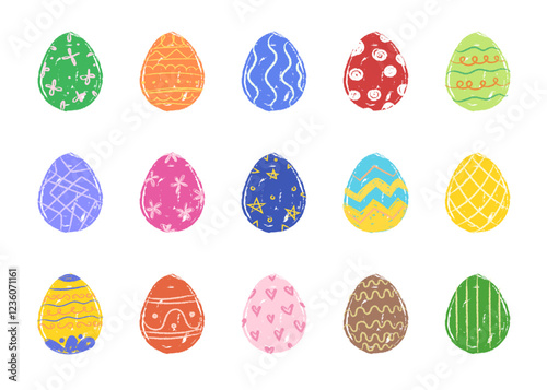 set of easter eggs for Easter Holiday with wax crayon colored pencil texture kid doodle with patterns