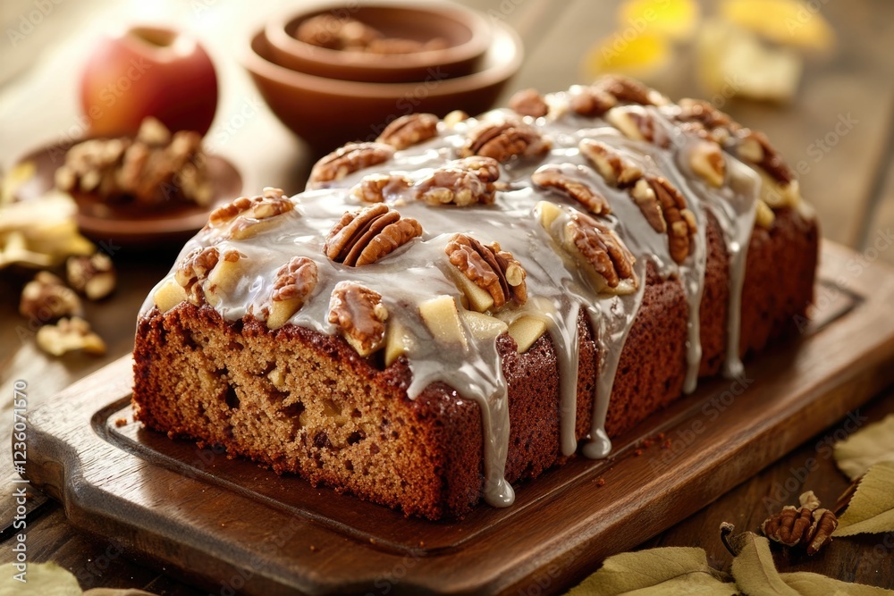 Freshly baked cake with creamy icing and crunchy nuts on a wooden cutting board Freshly baked cake with creamy icing and crunchy nuts on a wooden cutting board