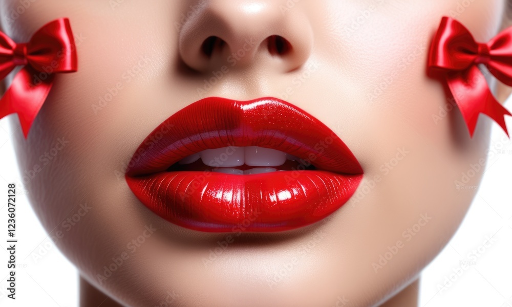 Fototapeta premium Closeup of glossy red lips with red bows on cheeks