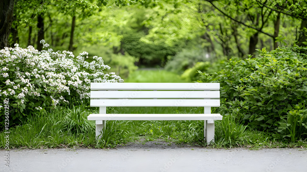 Fototapeta premium Empty white wooden bench stands on a paved path in a lush green park surrounded by blooming white flowers during a bright spring day.