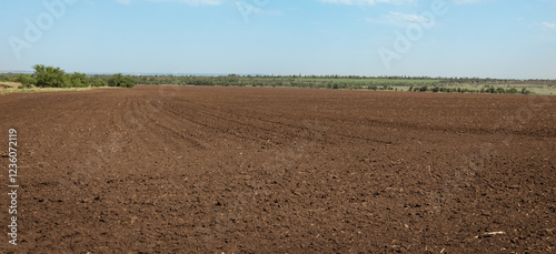 panoramic view of a agricultural plowed field background,  rural landscape