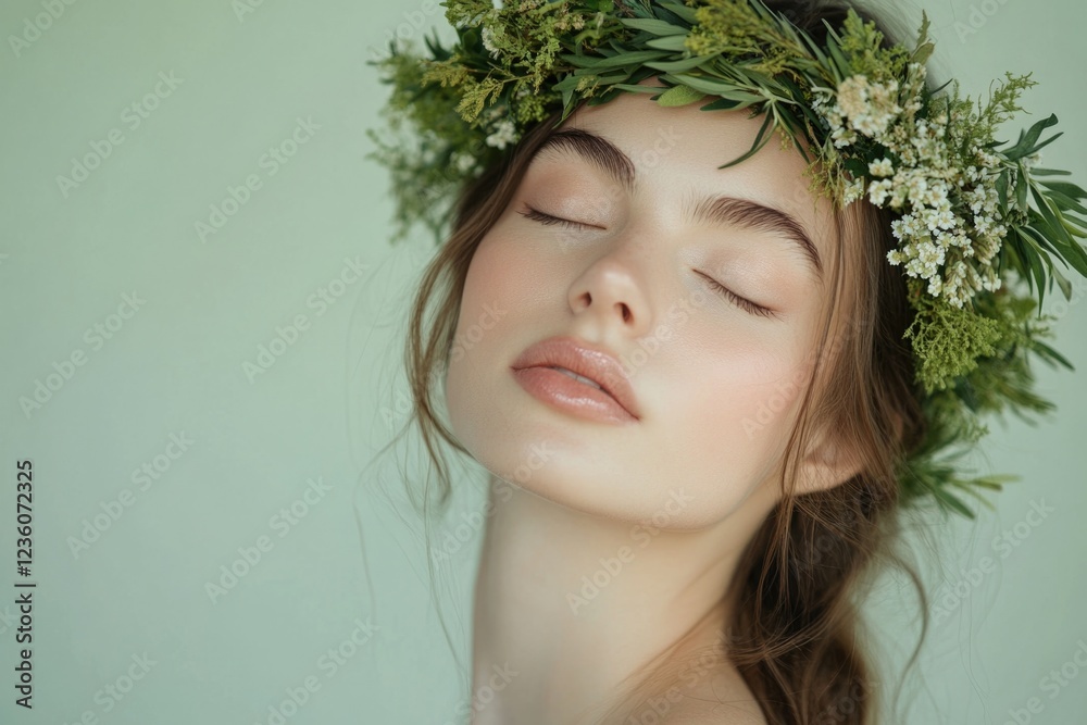 A woman wearing a beautiful flower crown, perfect for nature-inspired events or festivals A woman wearing a beautiful flower crown, perfect for nature-inspired events or festivals