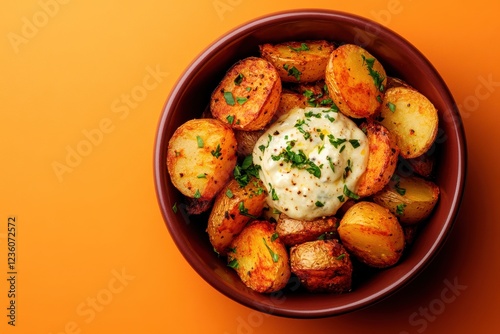 Deliciously roasted golden potatoes served with creamy garlic dip on a vibrant orange backdrop