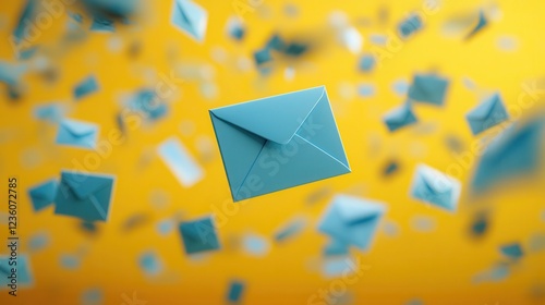 Modern email marketing concept with glowing blue envelopes floating in the air against a vibrant yellow background, symbolizing fast communication