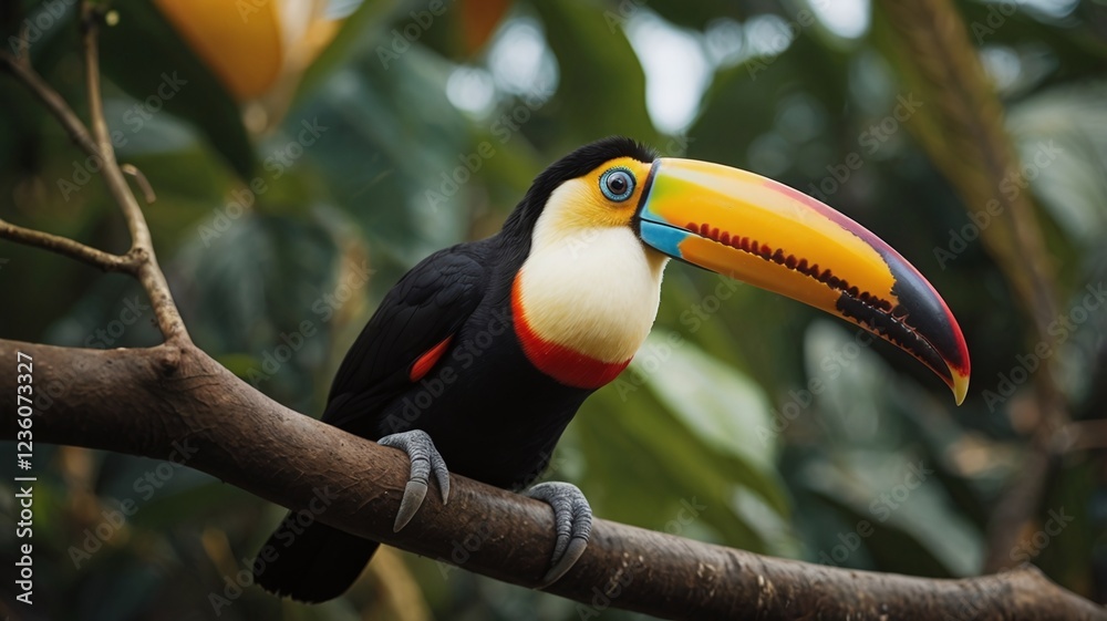 Obraz premium Toucan. Keel-billed toucan (Ramphastos sulfuratus), also known as sulfur-breasted toucan or rainbow-billed toucan, is a colorful Latin American member of the toucan family.