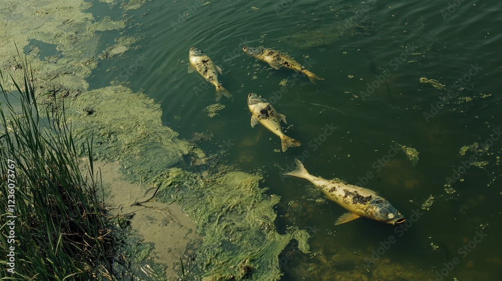 Obraz premium Several fish are seen swimming close to the shore in greenish water, where algae blooms are visible. The natural environment shows signs of pollution, with overgrown vegetation nearby